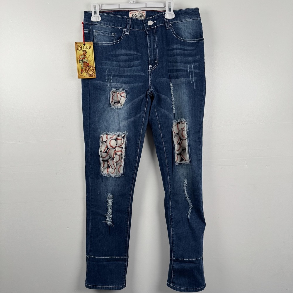 L&B Jeans Womens 14 (32x29) Blue Distressed Baseball Patch Stretch Denim Skinny